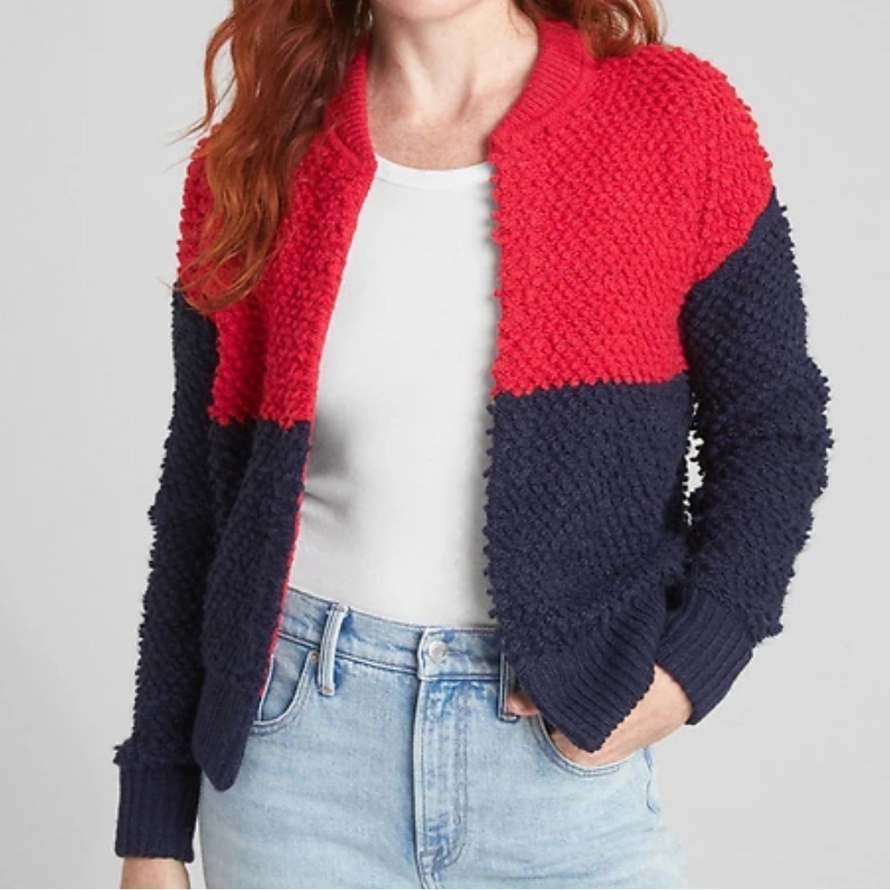 GAP NAVY RED TEXTURED COLOR BLOCK BOMBER CARDIGAN SWEATER WOMENS SMALL NWT